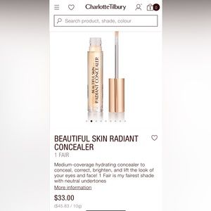 NWT- Charlotte Tilbury- Beautiful Skin Radiant Concealer- 3.5 fair